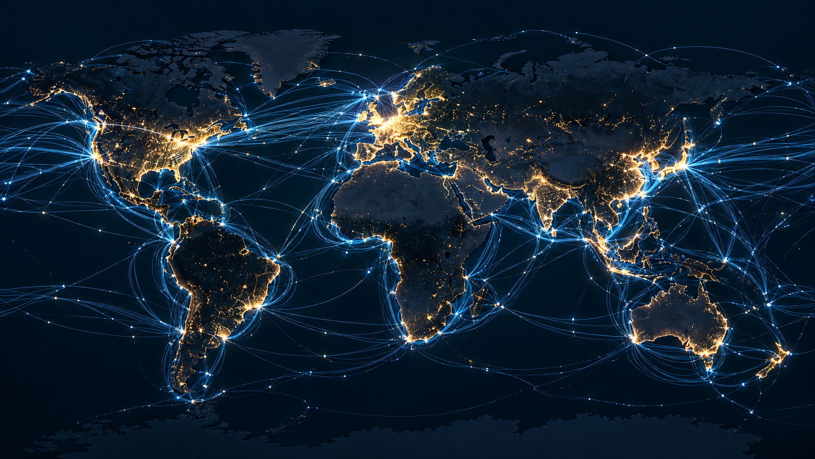Matte night-time map of worldwide internet connectivity, with the British Isles near the centre and brighter areas marking dense network connections.
