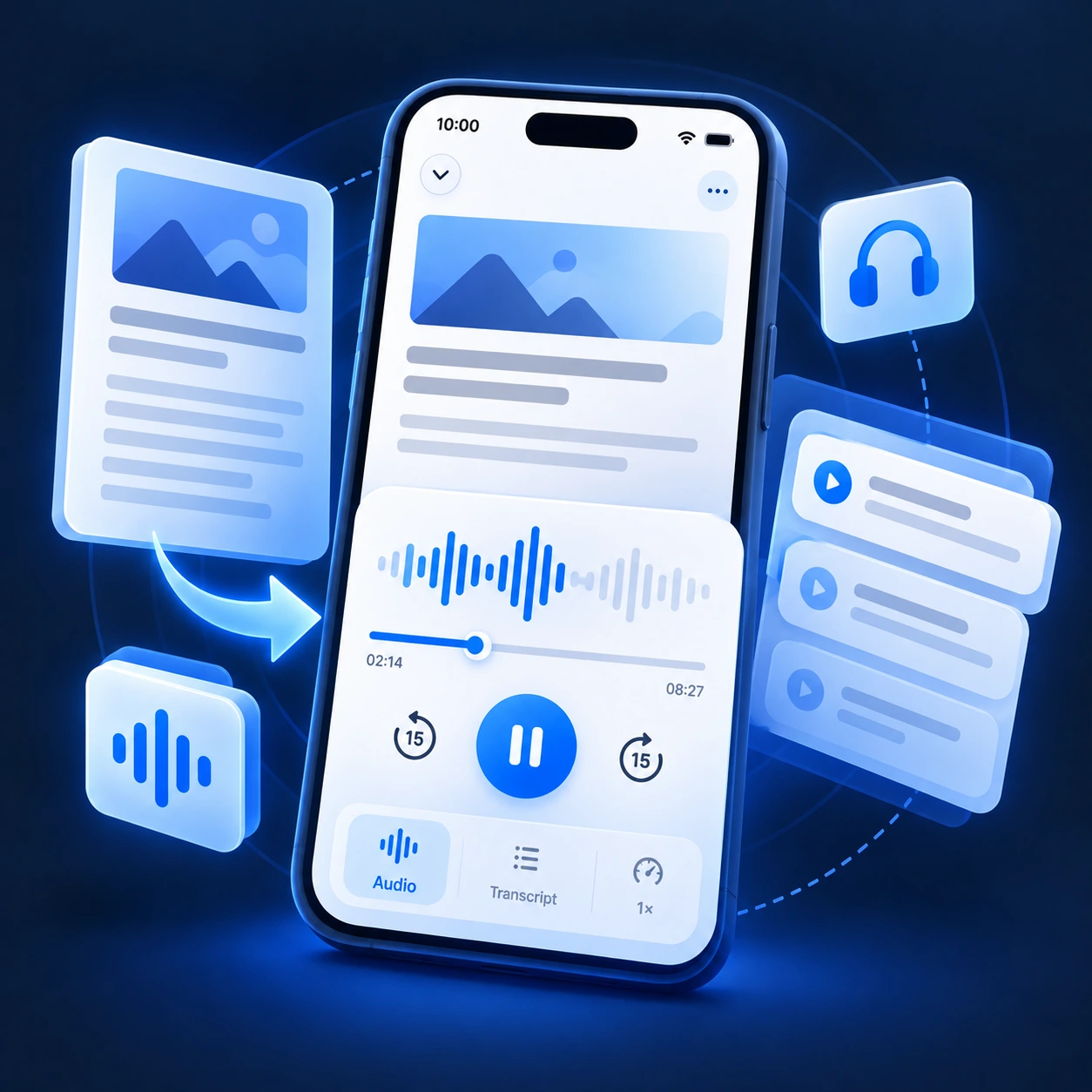 Illustration of a narrated article with audio playback controls.