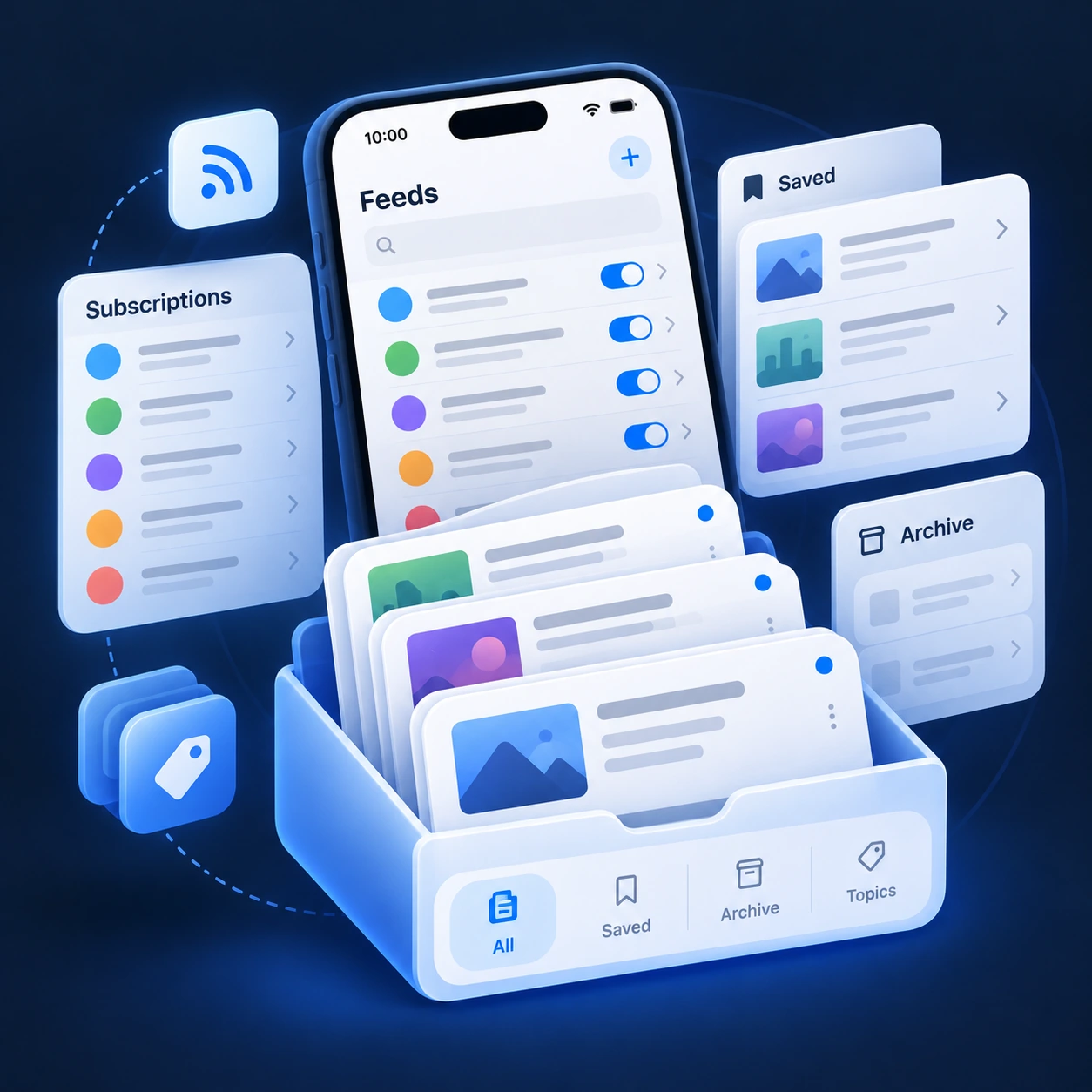 Illustration of STIQRA feed, saved article and archive views.
